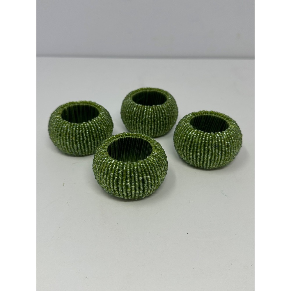 Green Beaded Napkin Rings Set of 4 Round Seed Bead Table Decor Olive Moss